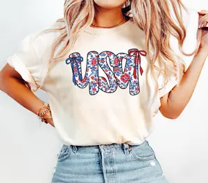 ~Comfort Colors~ Floral Coquette USA Shirt, Retro America T-Shirt, 4th Of July Gift, Patriotic Tee, Coquette Bow Shirt Flower Coquette USA, Full Colors