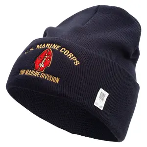 U.S. Marine Corps 2nd Marine Division Logo Embroidered 12 Inch Solid Knit Cuff Long Beanie Made in USA