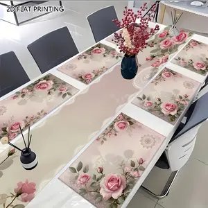 2D flat printing, 1 piece/2 pieces/4 pieces/6 pieces/8 pieces/5 pieces set/7 pieces set romantic pink rose lace patterned table flag and placemat set, suitable for holiday parties, home decoration, kitchen decoration, suitable for all seasons