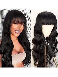 Body Wave Wigs with Bangs Human Hair Wavy Wig for Women Machine Made None Lace Front Wigs 180% Density Brazilian Virgin Human Hair Glueless Wig with Adjustable Drawstring Natural Color