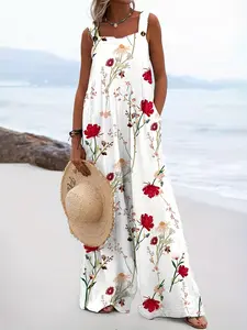 Bonbon Summer Getaway print loose sleeveless square collar white women's suspenders jumpsuit