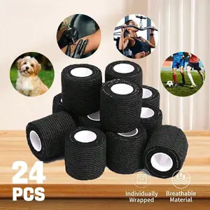 24pcs Self-Adhesive Bandage For Tattoo Machine Grip Black, 2" X 5 Yards Black Athletic Tape, Black Disposable Adhesive Tattoo Grip Tape, Ankle Tape, Cohesive Bandage Wrap, Tube Accessories Sports Tape, Tattoo Supplies For Tattoo Beginners