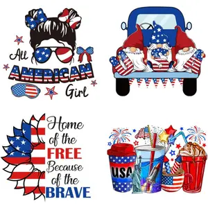 4 Packs USA Patriotic Iron on Transfers Stickers 4th of July Iron on Decals Patches Appliques Heat Transfers Vinyl American Girls Flag Dwarf Design Memorial Day Decals for Clothes Bag Pillow Cover DIY