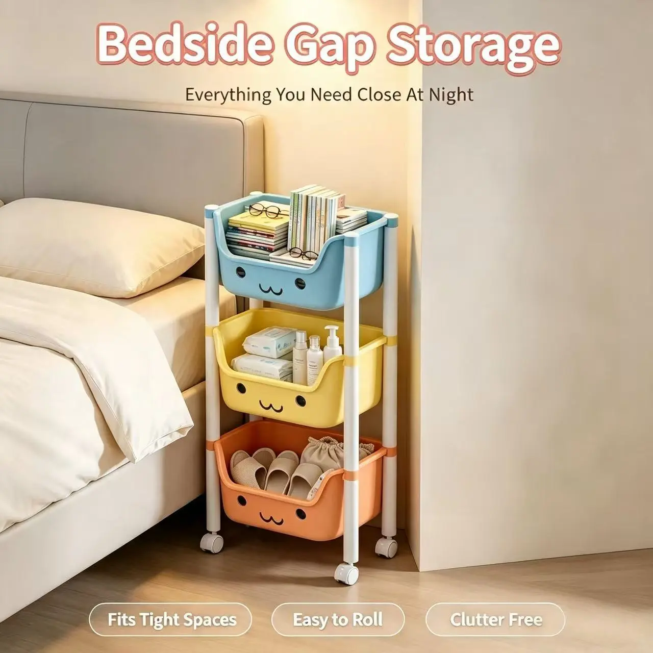3/5 Tier Cute Smile Rolling Gap Storage Cart, Colorful Slim Organizer Trolley with Lockable Wheels, Space Saving Mobile Shelf for Bedroom, Kitchen, Bathroom, Kids Playroom, Bedside & Sofa Narrow Gap Toy Book Storage Rack