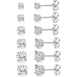 MDFUN  Unisex 4-Prong Round Transparent Cubic Zirconia Stud Earrings Set – 6 Pairs Sparkling CZ Jewelry