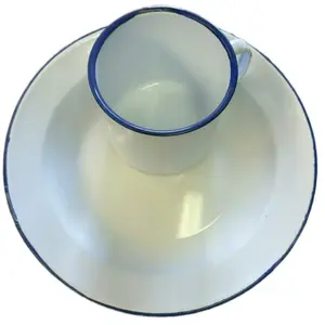 Enamel Plat(e26CM)and Mug .(10CM).Plat Emaye Akode Cup with Blue Rim and Durable Design for Everyday Use