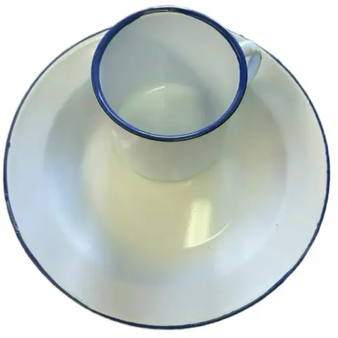 Enamel Plat(e26CM)and Mug .(10CM).Plat Emaye Akode Cup with Blue Rim and Durable Design for Everyday Use