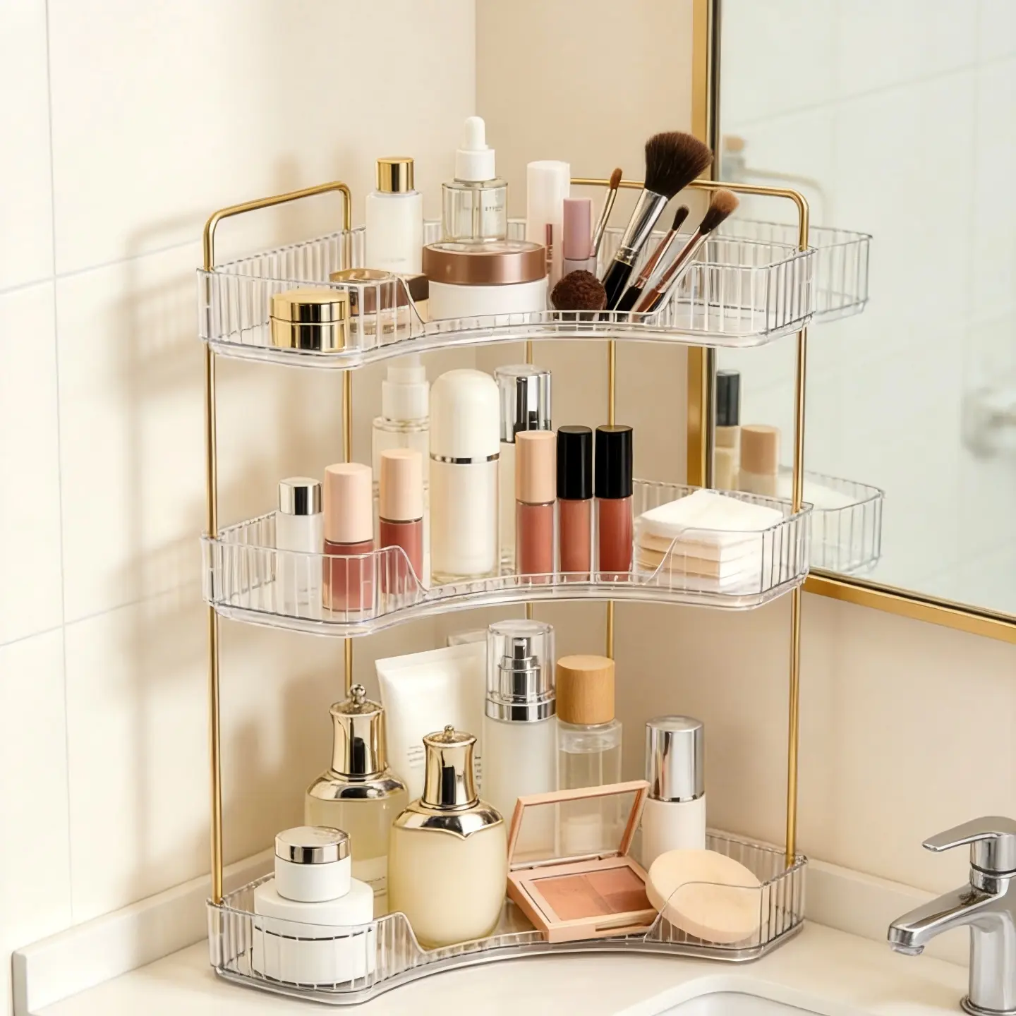 3 Tiers Corner Bathroom Counter Organizer, Clear Vanity Storage Shelf with Gold Metal Pole, Aesthetic Makeup Cosmetic Perfume Skincare Holder for Sink Kitchen Vanity Organization,BackToSchool