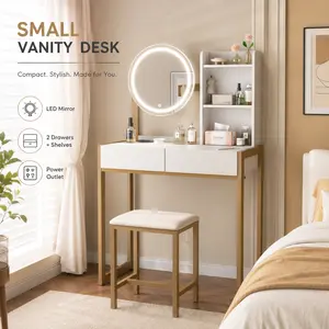 Small Vanity Desk with Mirror and Lights LED Makeup Table 3 Lighting Modes Power Outlet Drawer Open Shelves Cushioned Stool for Bedroom White Gold