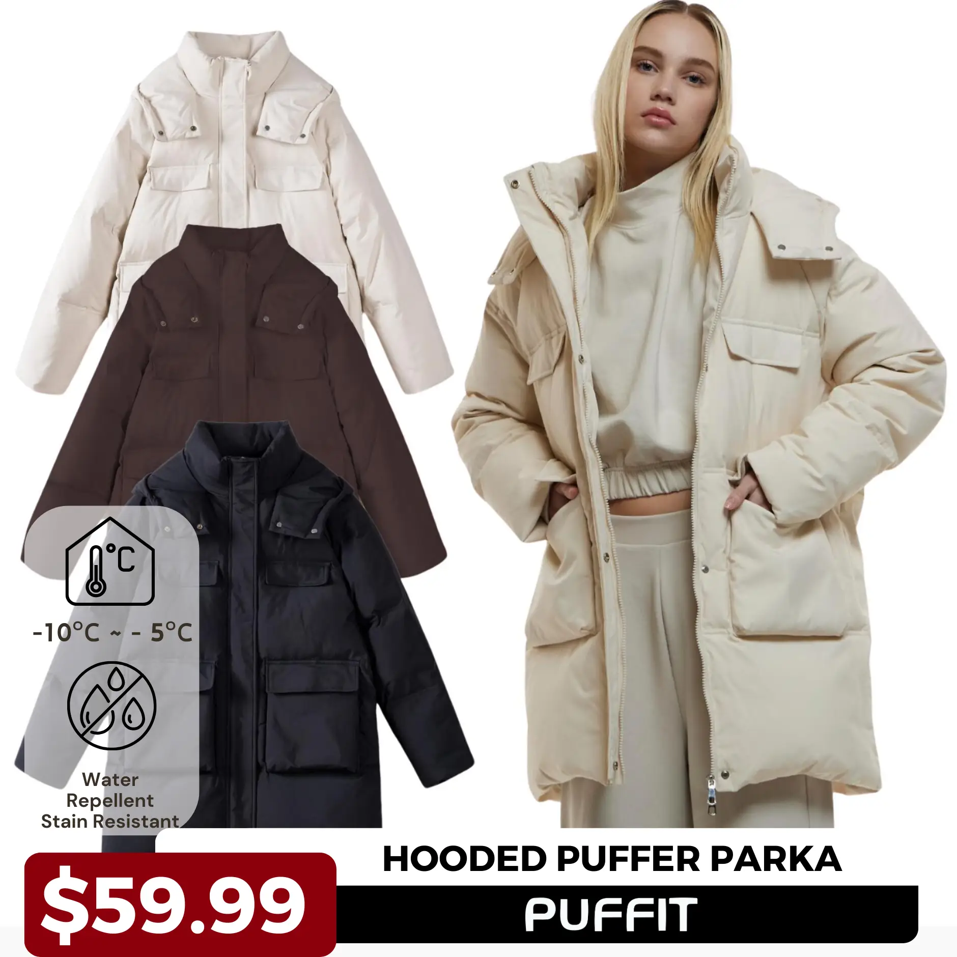 PUFFIT Mid Length Hooded Puffer Parka Womenswear Coats, Soft Button Front Full Zip with Pockets Women Jacket for Winter, Plain Color Long Sleeve #Fall