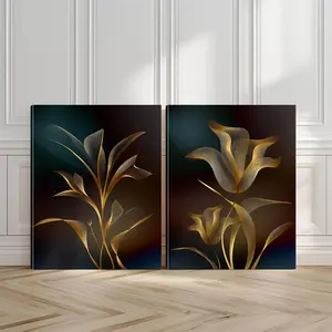 2pcs Golden Elegance Wall Art, Sophisticated Beauty Poster, Luxurious Floral Art Prints, Stylish Design Home Decor, Modern Wall Paintings, Minimalist Canvas Posters Wall Arts, Decor for Living Room, Restaurant, Kitchen, Bedroom,  With Frame