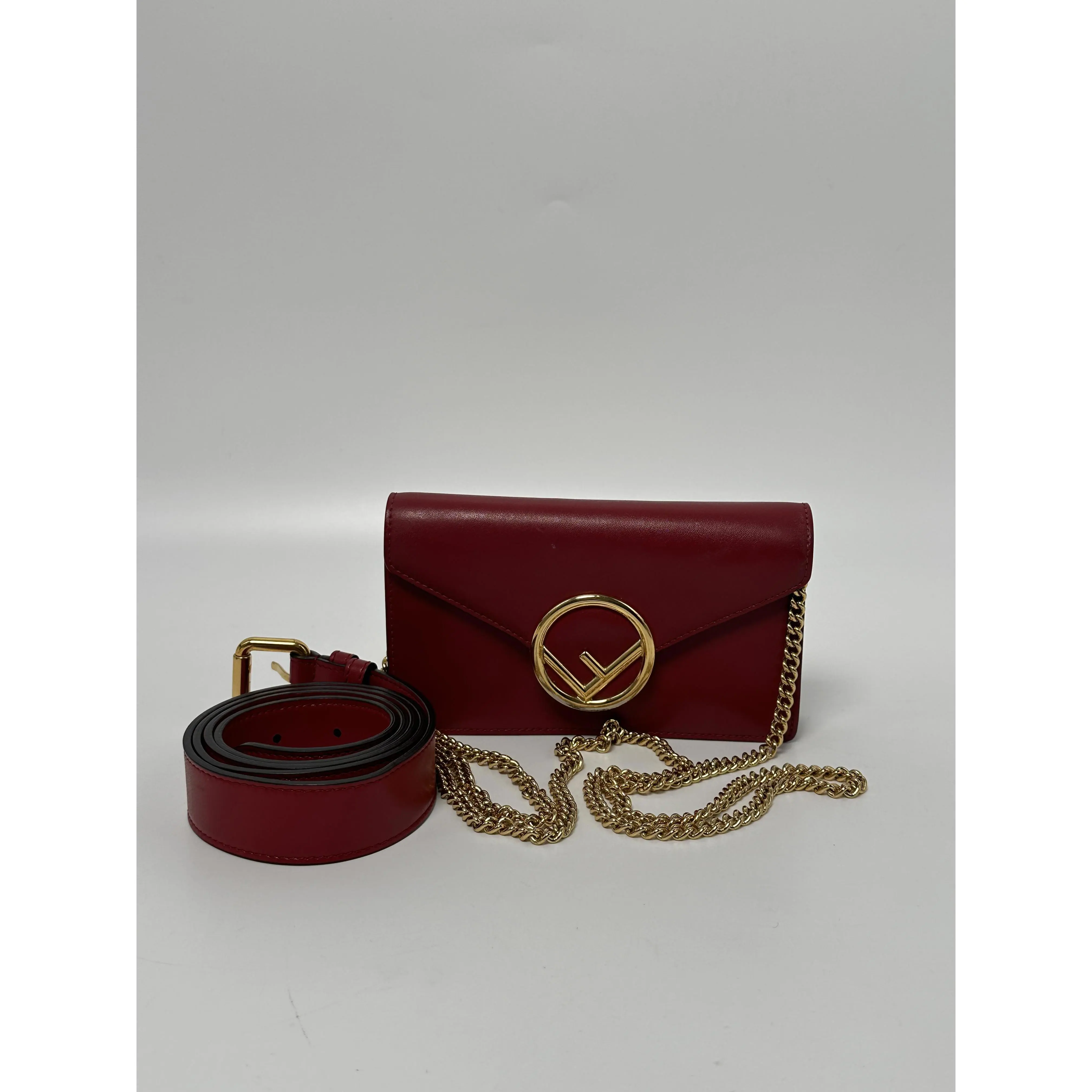 Pre-owned FENDI leather Crossbody Bags Kan I F Logo Wallet on Chain Crossbody Bag Red JD351FD