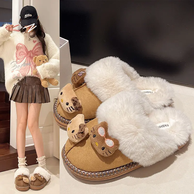 Womens Winter Cute Cat Slippers Fuzzy Fleece Lined Slip On Clogs Kawaii Animal Plush Mules Faux Fur Warm Indoor Outdoor Home Shoes Brown Suede Aesthetic Cozy Footwear Thick Sole Bedroom Slippers