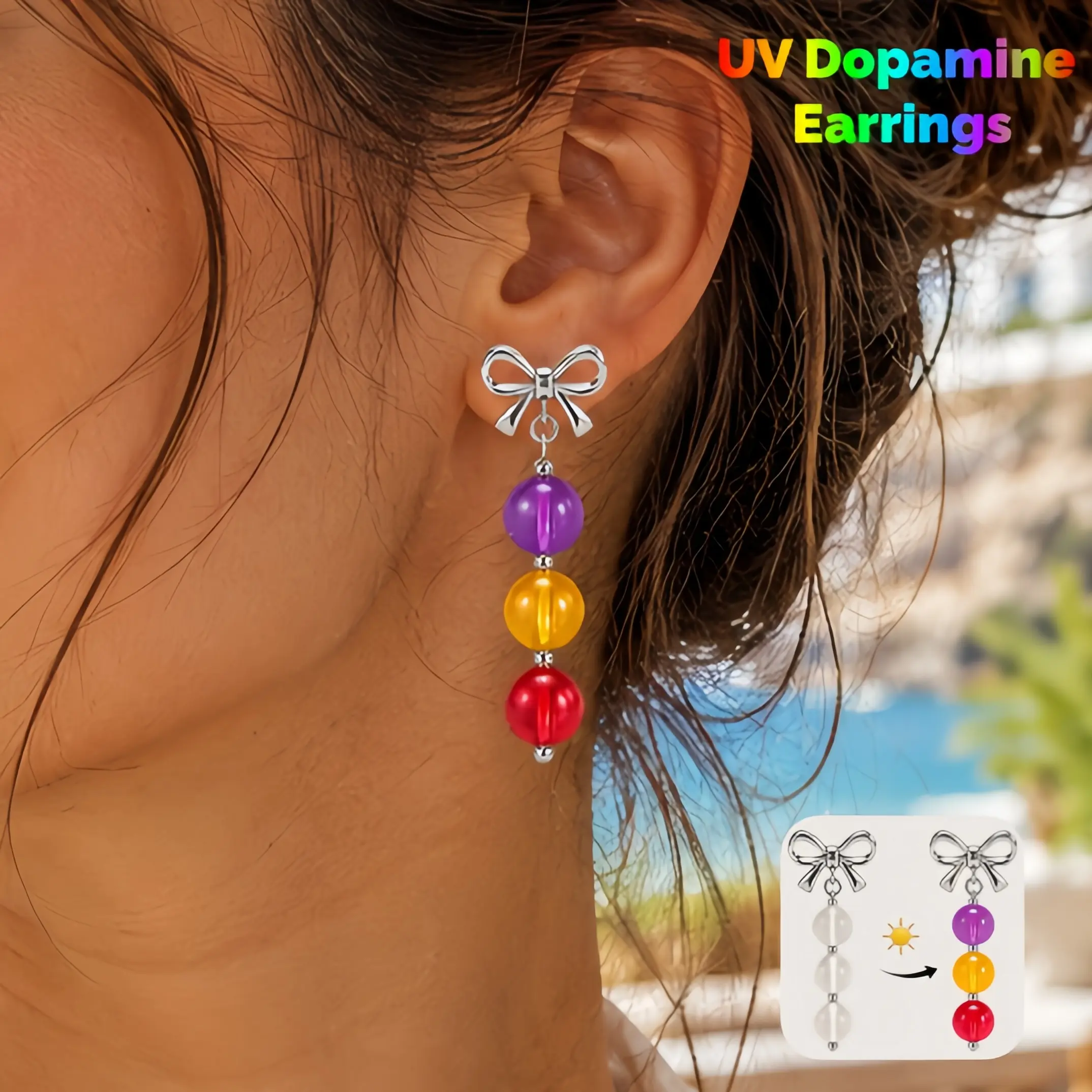 UV Dopamine Earrings for Women, Rainbow Beaded Bow not -Shaped Dopamine Earings,UV Reactive Necklace Waterproof - Summer Jewelry Stainless Steel, Stackable