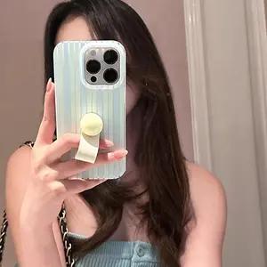 Crystal transparent white light painted green contrasting stripe phone case with spherical ring for iPhone 11 12 13 14 15 16 promax