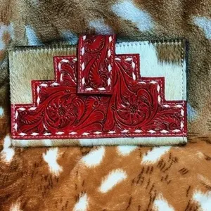 Cowhide with red tooled leather wallet