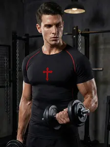 Men's Cross Print Short Sleeve Compression Shirt, Gym Workout Fitness Running Sports T-Shirt Tees, Summer Quick-Dry Breathable Round Neck Shirt, Tight Fit Sportswear Activewear