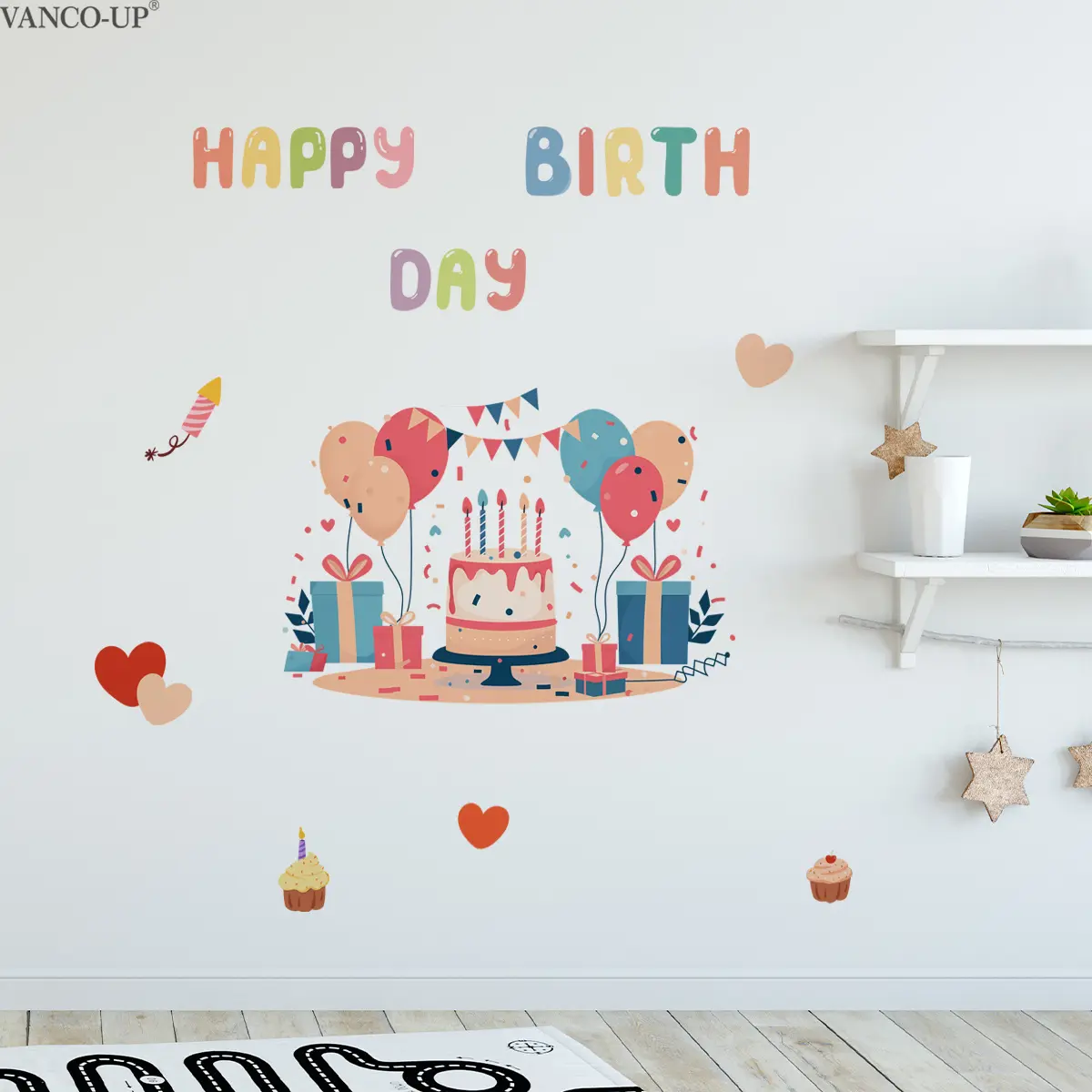 Happy Birthday & Cake Wall Stickers 30×60cm 2Pcs/Set Atmosphere Decor for Living Room Hallway Self-Adhesive Decals