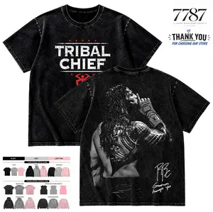 7787 Clothing Menswear Roman Reigns Tribal Chief Wrestling Graphic Washed T-Shirt Vintage Streetwear Casual Apparel