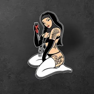 Barber Girl Nun Pinup Sticker, Sexy Tattoo Style Vintage Decal for Barbershop Laptop Gift Idea
