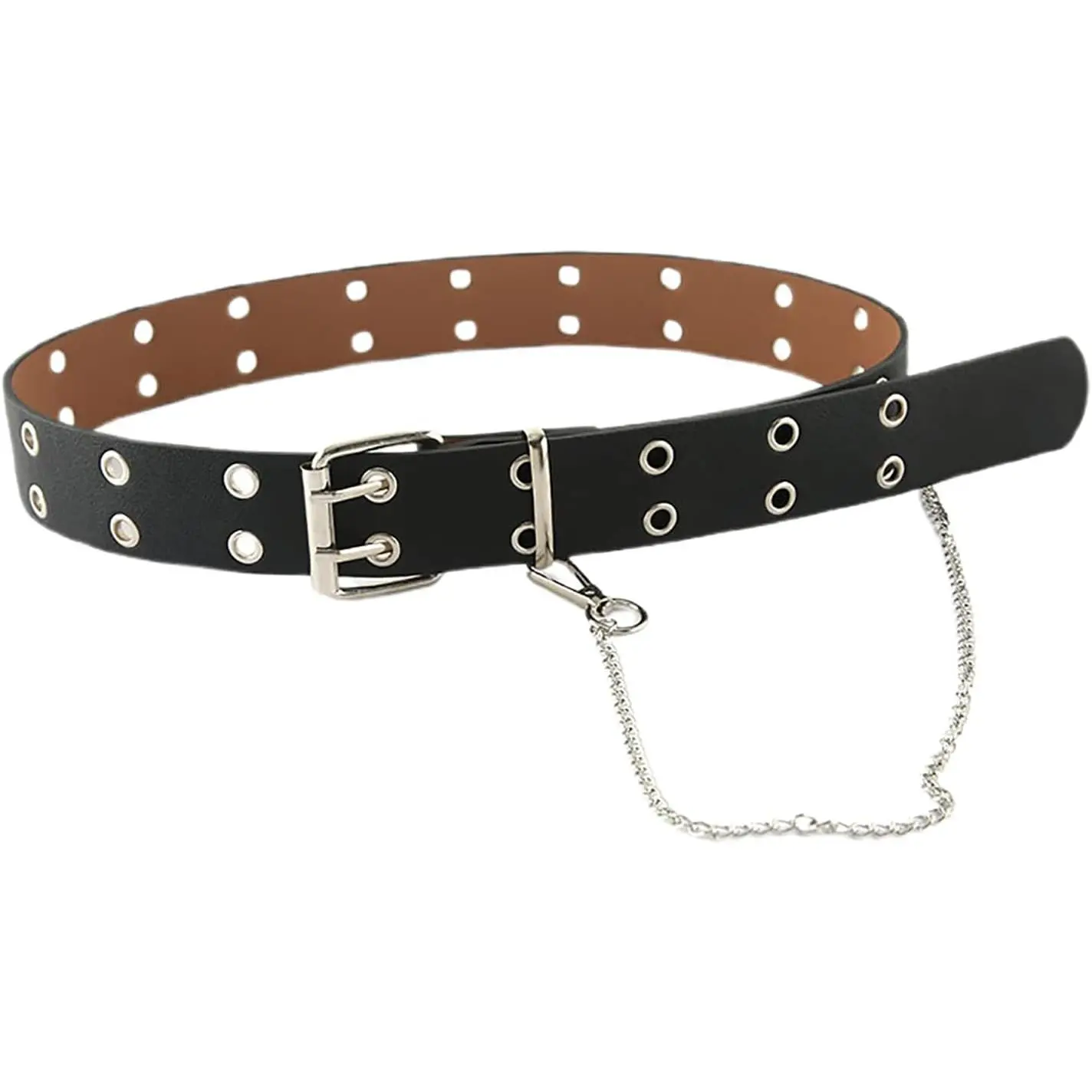 Women's 100x3.8cm PU Leather Double-Grommet Belt with Chain - Punk Rock Style, Adjustable, Black