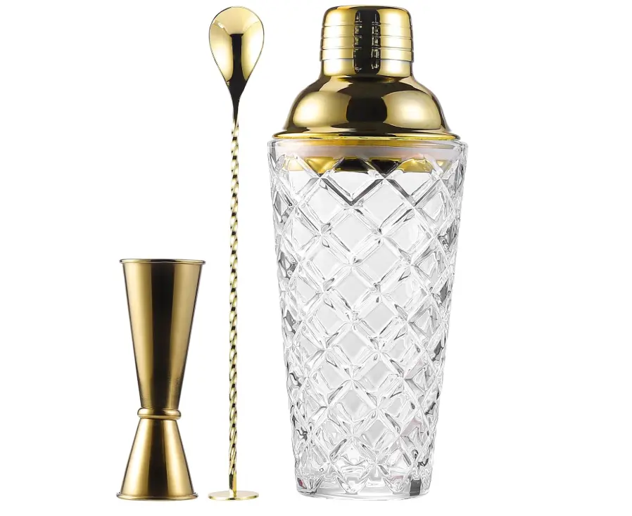 Retro Glass Cocktail Shaker Set with Built-in Strainer - 16oz Thick Pineapple Glass Shaker, Gold Steel Jigger, Bar Spoon, Muddler - Home Bar Kit, Adult Gift