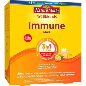 Nature Made Wellblends ImmuneMAX Fizzy Drink Mix, Vitamin C 2000mg with Zinc 20 mg, Vitamin D3 1000 IU (25 mcg), plus Seven B Vitamins and Electrolyte Hydration Blend, 30 Stick Packs