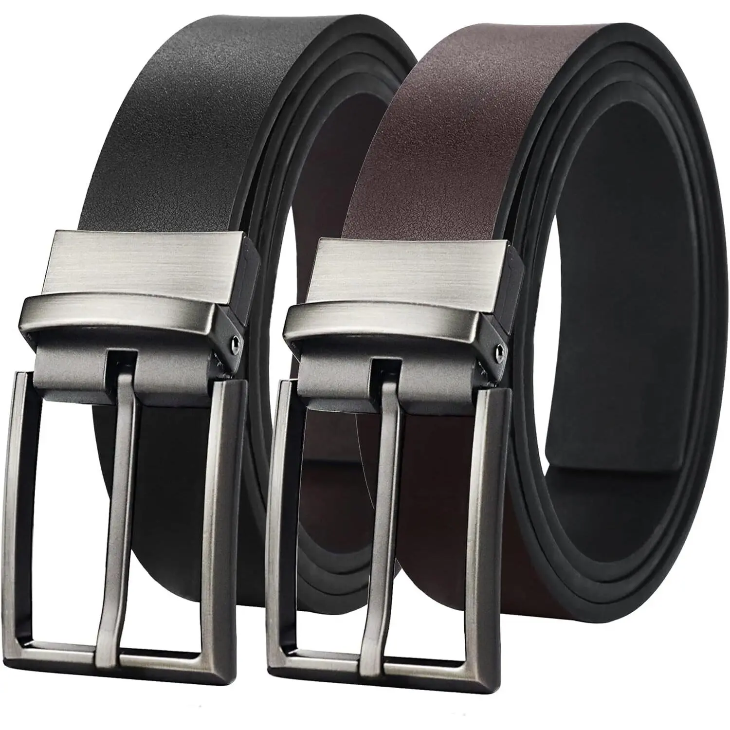 Mens Reversible Leather Belt, Black Casual Belts for Men, One Reverse for 2 Sides