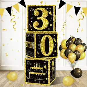 3pcs 30th Birthday Decorations Boxes for Men Women, Black Gold Happy 30 Birthday Balloons Boxes Party Supplies, 30 Year Old Bday Theme Cardboard Box
