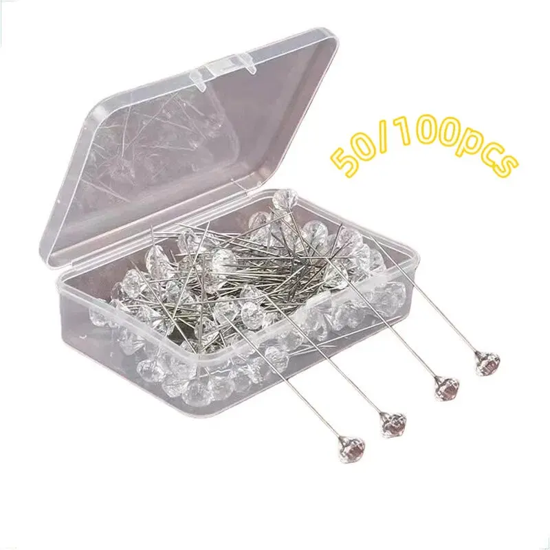 50/100pcs Transparent Diamond Pins Wedding Flower Gift Decor, DIY Craft Supplies, Bridal Accessories, Valentine's Day Gifts, Sewing Pins