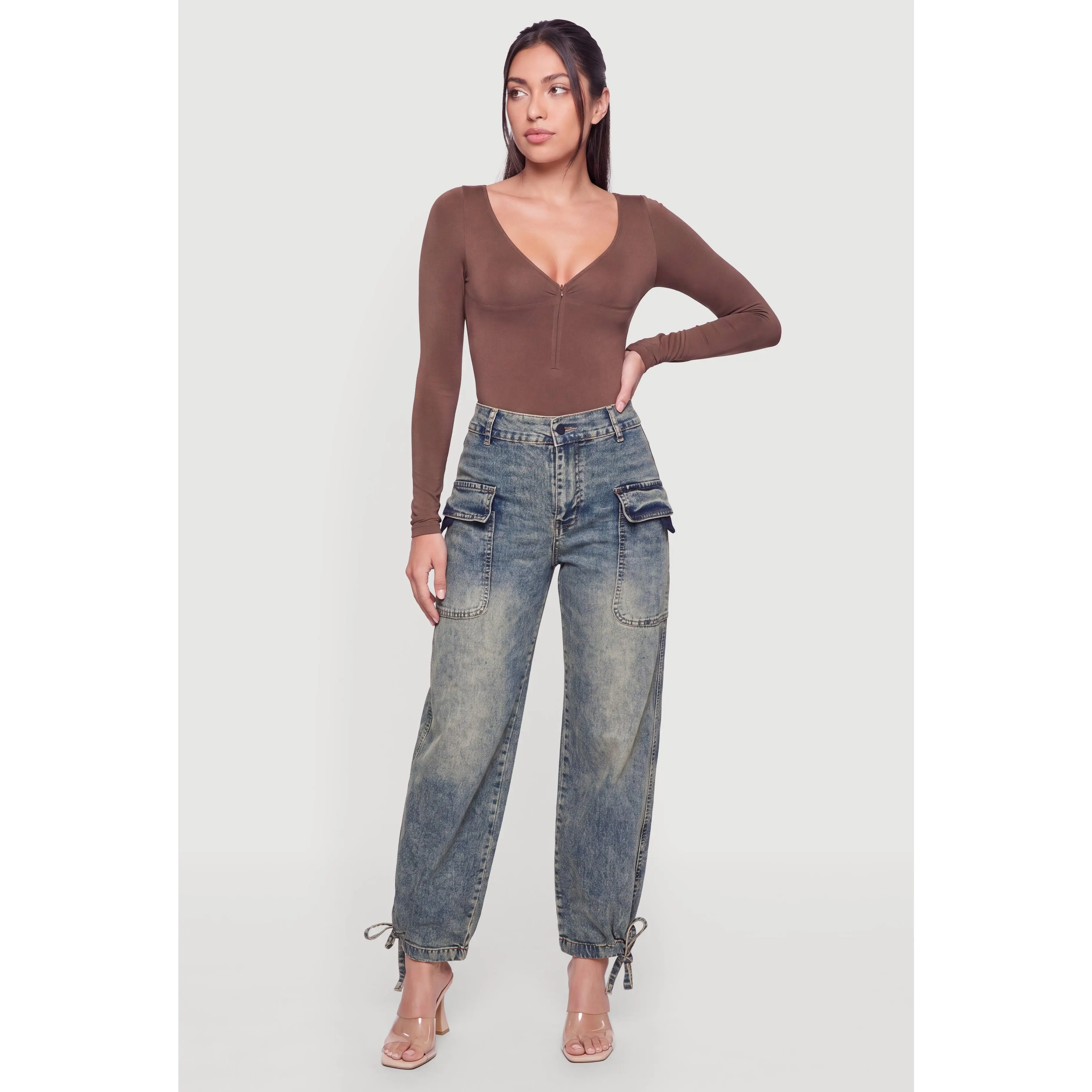 Denim Drawstring Hem Cargo Joggers