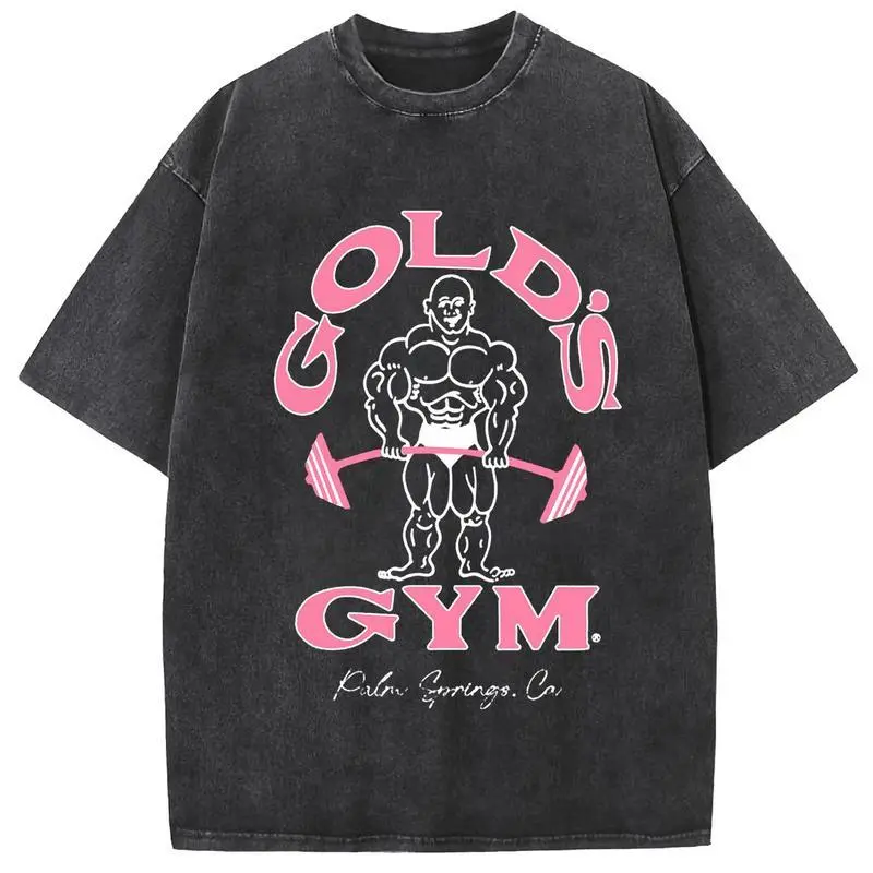 Holafish Men's Acid Wash Distressed Gold's Gym Graphic T-Shirt - Heavyweight Cotton, Casual Short-Sleeve Round Neck Top, Vintage Streetwear Crewneck Menswear, Shortsleeve, Festive, Whimsical Art