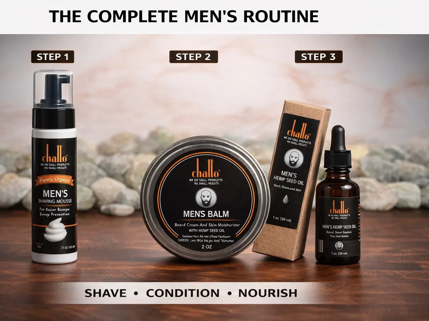 Chatto Men's Clean Shave & Beard Care System - Pack of 3 | Includes Shaving Mouse, Beard Balm & Hemp Oil – Promotes Healthy Hair Growth & Boosts Shine – Refreshing & Moisturizing Skin & Hair – Daily Men’s Grooming Set