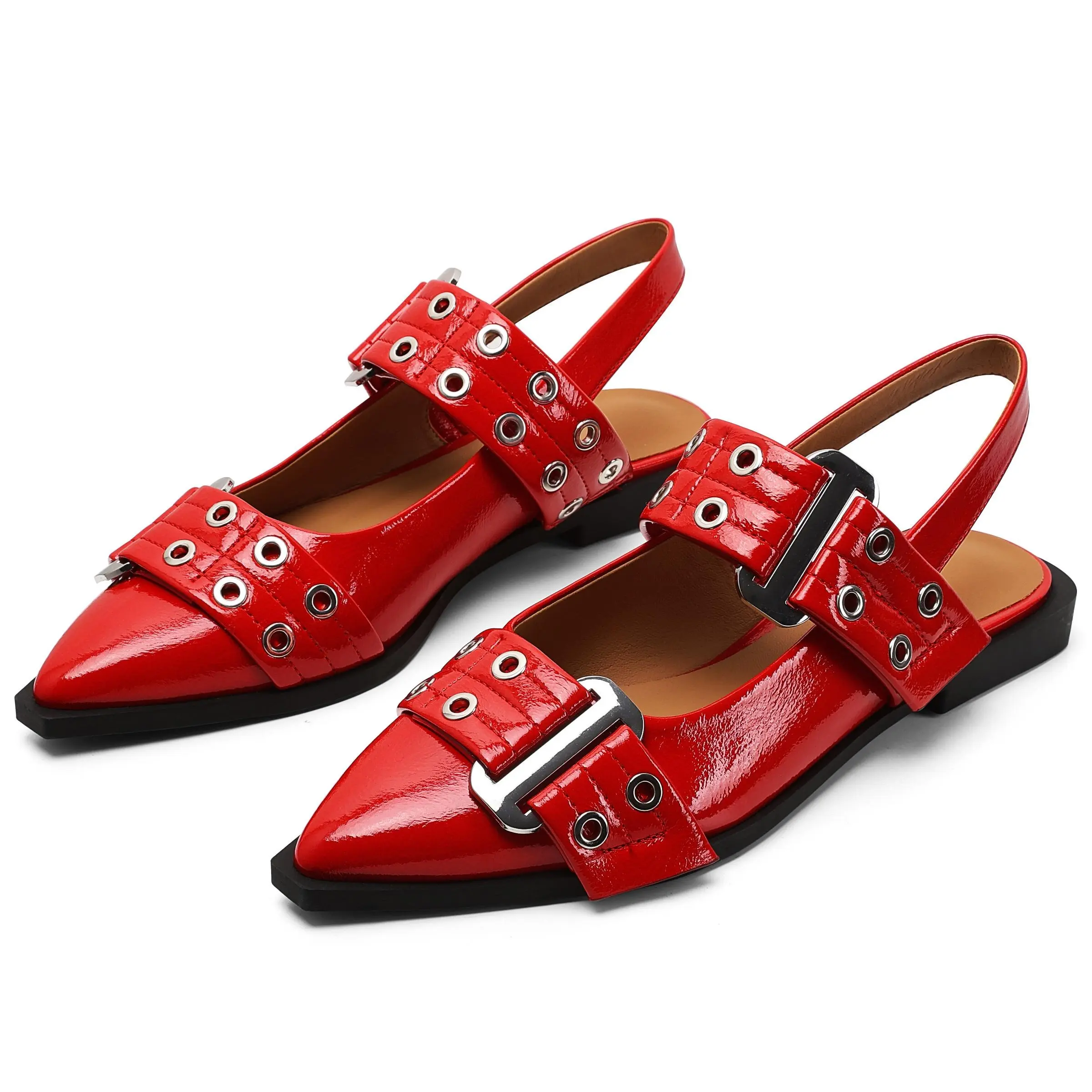 Women's Pointed Toe Flats, Chic Casual Slingback Shoes with an Adjustable Strap and Metal Double Buckle, Backstrap Sandals, Casual Fashion Footwear, Flat Sole Shoes, Elegant, Elegant Sandals, Dressy Sandals