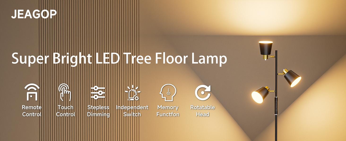 LED Tree Floor Lamp, 2500LM Super Bright Standing Lamp with Remote & Touch Control, 4 Color Temperatures, 3 Rotatable Lights, Modern Dimmable Floor Lamps for Living Room Bedroom Office