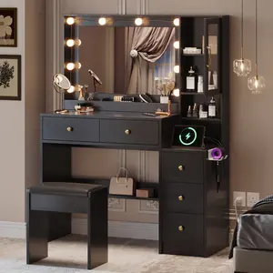 TOKSOM Vanity Desk with Mirror and Replaceable Lamp with 5 Storage Drawers Power Outlet & Chair with RGB Ambient Light Adjustable Brightness for Girls Bedroom Large Corner Desk Vanity Makeup Vanity Desk White Black Valentine's Day Gifts for Women Girls