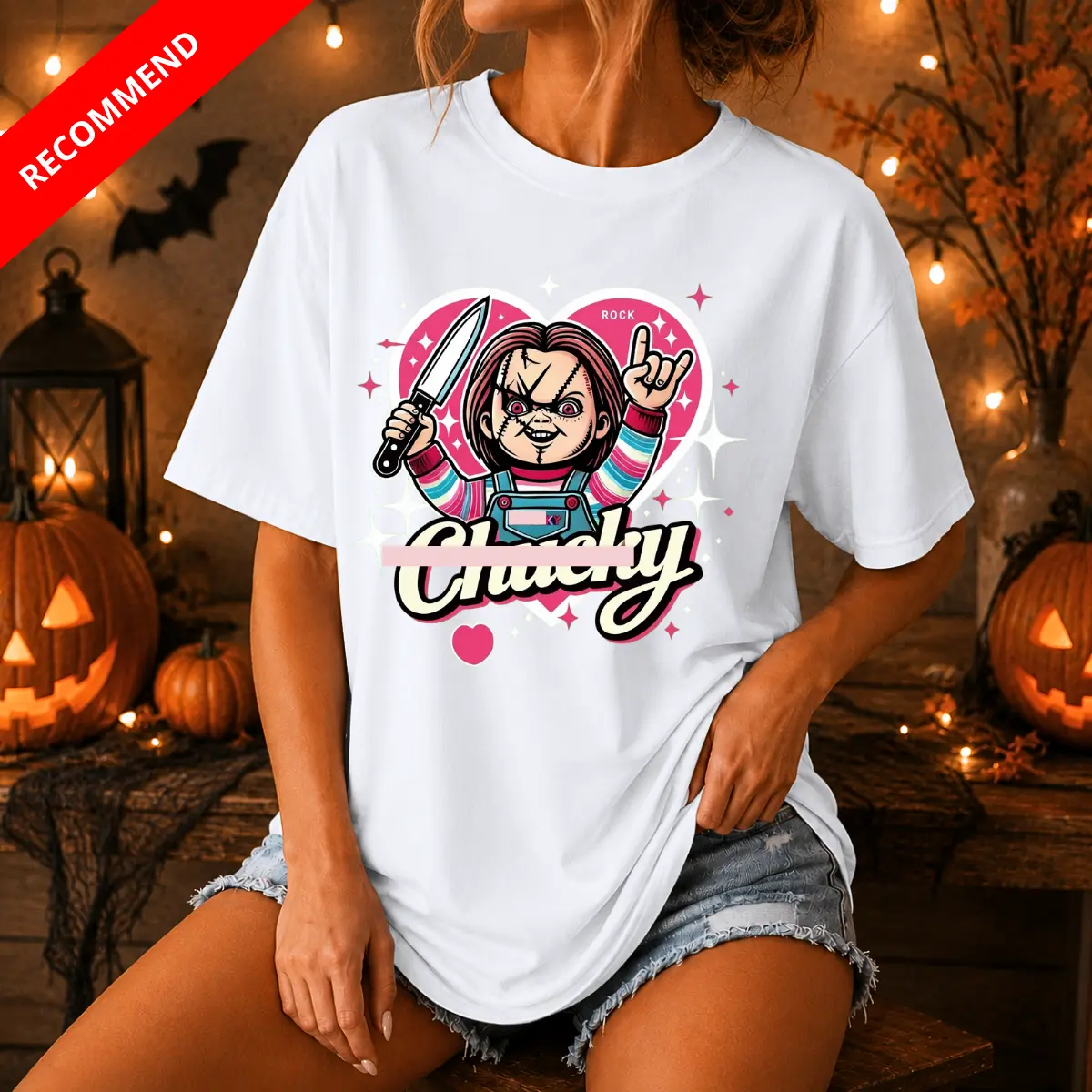 Scary Killer Doll Halloween T-Shirt, Horror Doll Graphic Tee, Creepy Knife Holding Doll Pink Heart Front Graphic Print Tee, Cute Spooky Halloween Outfit, Horror Movie Inspired Gift For Men And Women, Fall Graphic Shirt