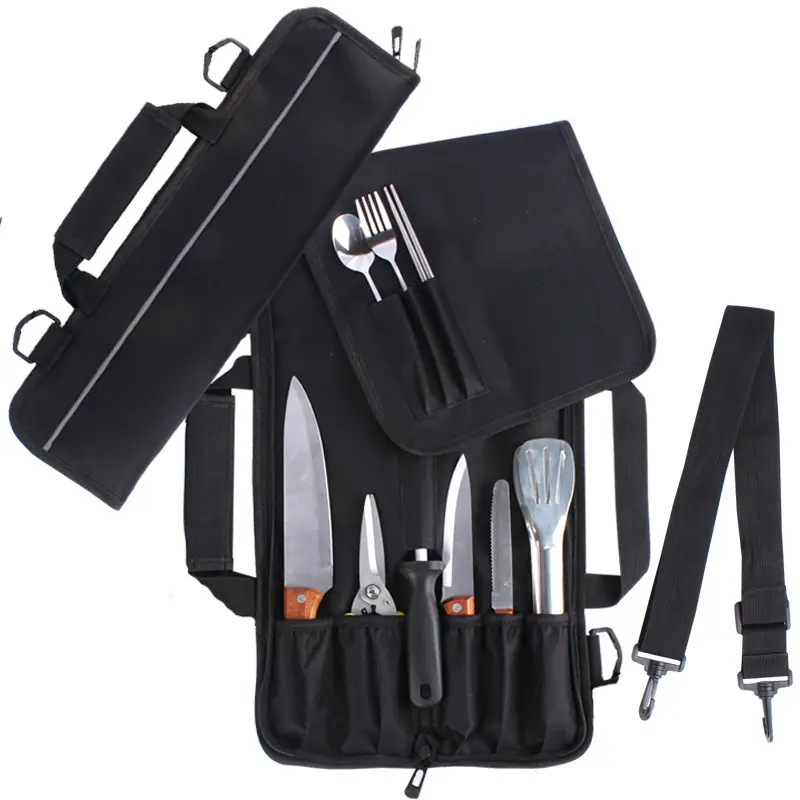 Chef Knife Roll Bag Adjustable Straps Cooking Chef Knife Protected Pouch Carrying Storage Pockets Cooking Tools Accessories Kitchen Kitchenware Black Steel