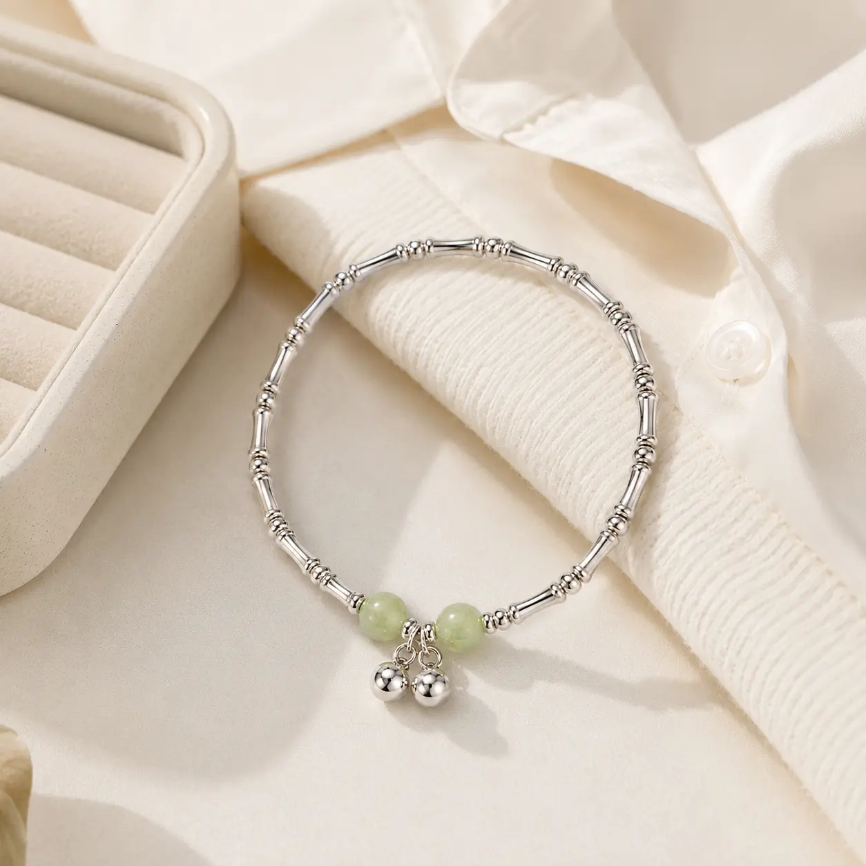 Silver Tone Alloy Beaded Stretch Bracelet with Green Accent Beads and Double Ball Charms, Stackable Fashion Jewelry for Women