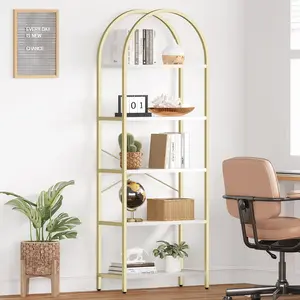 【GARVEE】5 Tier Bookshelf, Industrial Gold Bookcase with Metal Frame, Bookcase for Office Organization and Storage, Modern Storage Rack Shelf for Office,Bedroom Kitchen Living Room