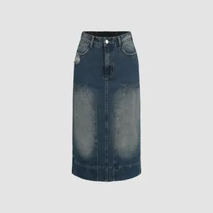 Cider [size 2-26] Denim Patchy Split Maxi Skirt