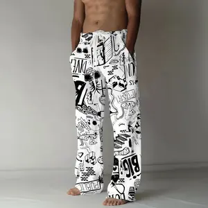 Men’s Street Style Graphic Lounge Pants – Loose Fit Artistic Print Sweatpants with Drawstring Waist & Pockets | Trendy Black & White Doodle Pattern Casual Joggers for Home, Gym & Everyday Wear