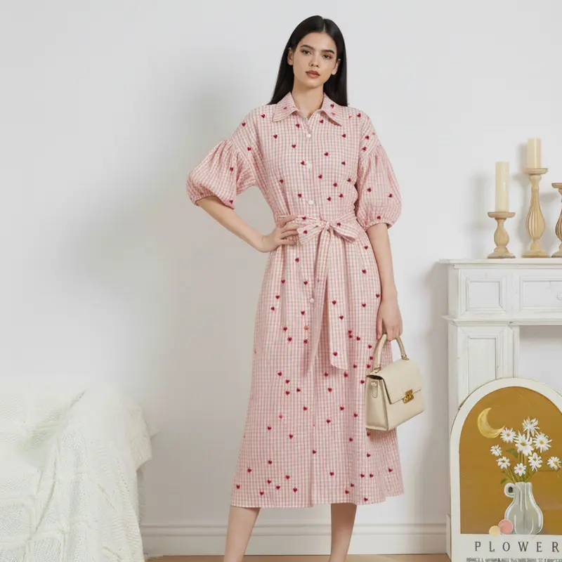 Valentine's Day Women's Pink Plaid Print Button Down Shirt Dress with Belt  & Pocket 70% Polyester 30% Cotton Comfortable Maxi Dress - TikTok Shop