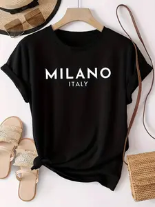 Women's Letter Print Round Neck Tee, Casual Streetwear Short Sleeve Fitted Crew Neck T-shirt for Summer, Fashion Women's Top for Daily Wear, Lady