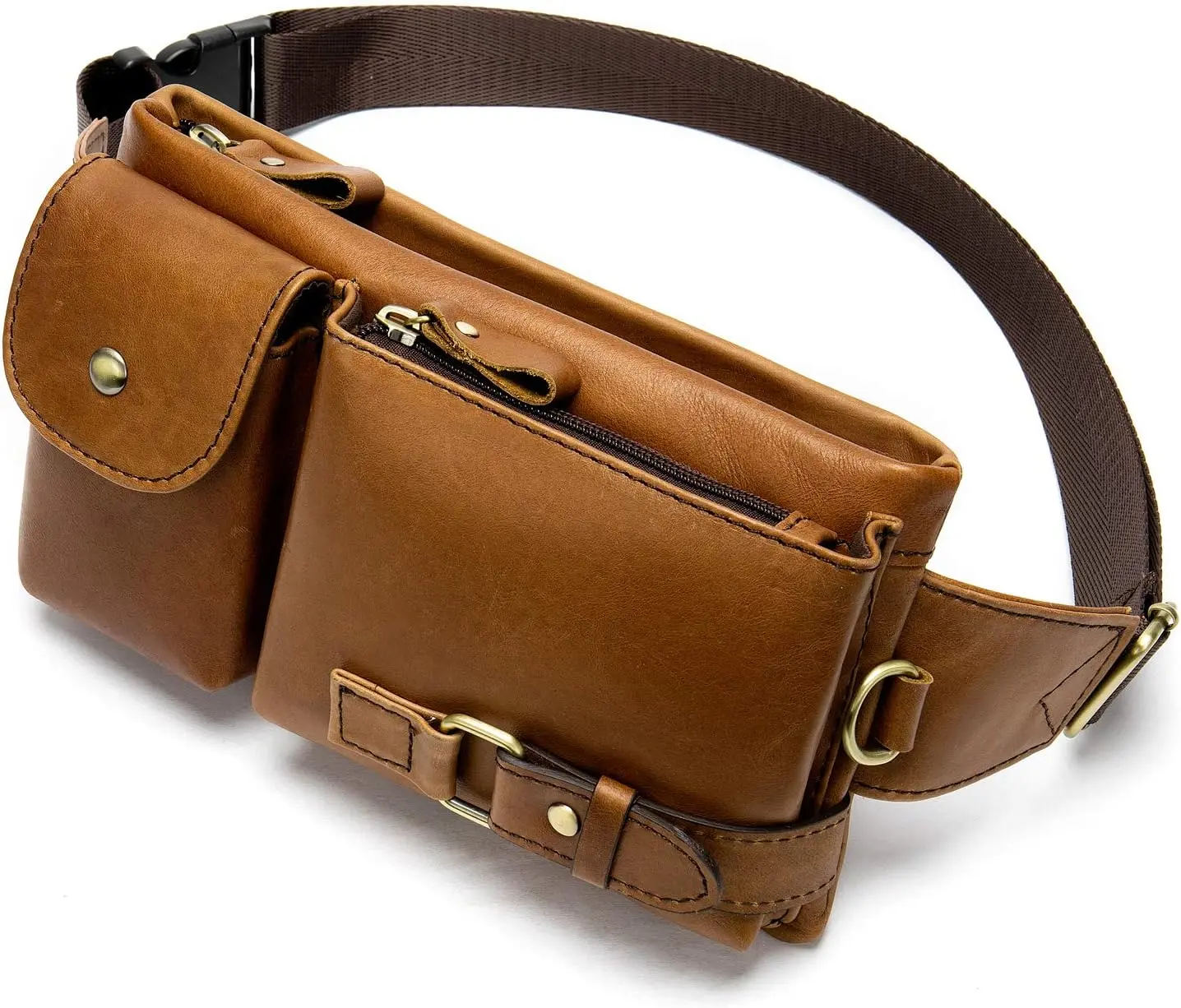 Cowhide  Fanny Pack- and Slim with Adjustable Waistband Brown