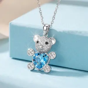 GONA Blue Crystal Love Heart cute Pendant Necklace for Her with Extension Chain- Adjustable Wear - Dainty Sparkly Bear Charm Necklace For Women Girls, Sweet Love Jewelry Gift For Birthday outdoorfun