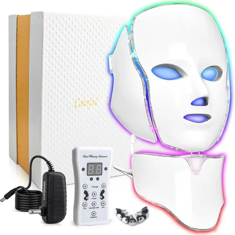 7-Color LED Face Mask with Red Light Therapy - Rechargeable Plug-In Facial & Neck Care Instrument, Blue Photon Beauty Device for Home Use, Plastic Beauty Product with Box, Ideal Gift for Abs Care Enthusiasts, Facial Treatment, Beauty Products