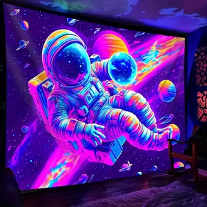 1pc UV-reactive astronaut tapestry. Glows with cosmic scene under blacklight. Large fluorescent polyester banner, easy hang. Perfect for bedrooms, offices, or space-themed parties. No installation needed.