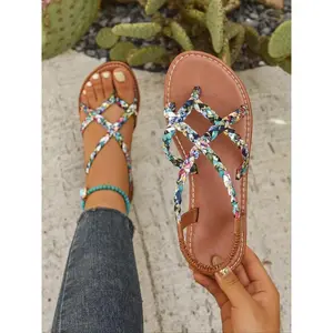 Women's Boho Style Tie Dye Design Flat Sandals, Casual Comfortable Slingback Sandals for Summer, Female All-match Toe Thong Shoes for Daily Wear, Girl(Sheet)