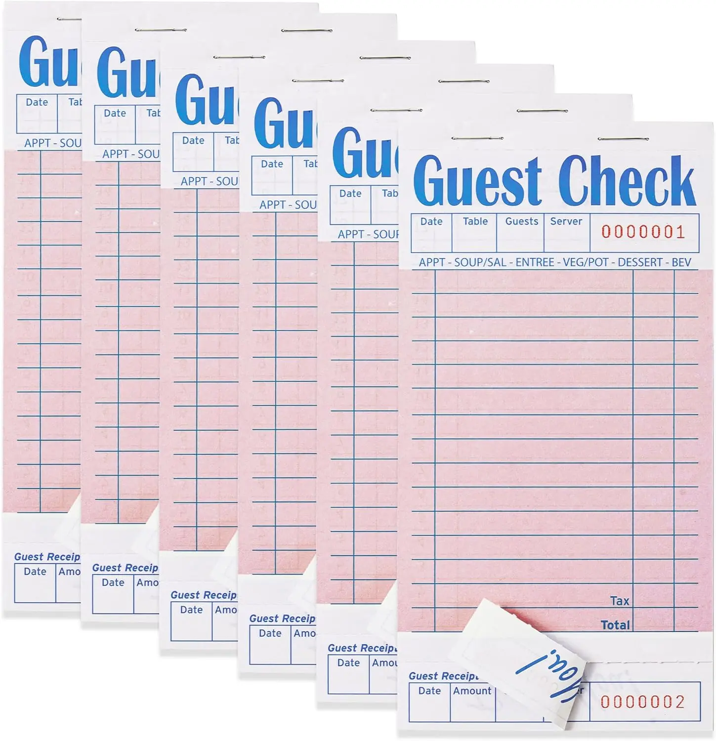 6 Pack Pink Guest Checks Books for Servers Server Note Pads,  Waitress Notepad for Restaurants, Paper Checks 50 Sheets/Pack, 300 Total Tickets